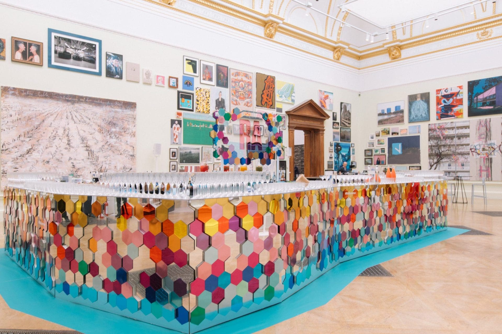 RA_19_Holly_Clark_Photography_H-129 Colourful mirror bar at the Royal Academy Summer Exhibition Preview Party by Event Concept, scenic production of event bars, food stalls, creative event design and content projection mapping.
