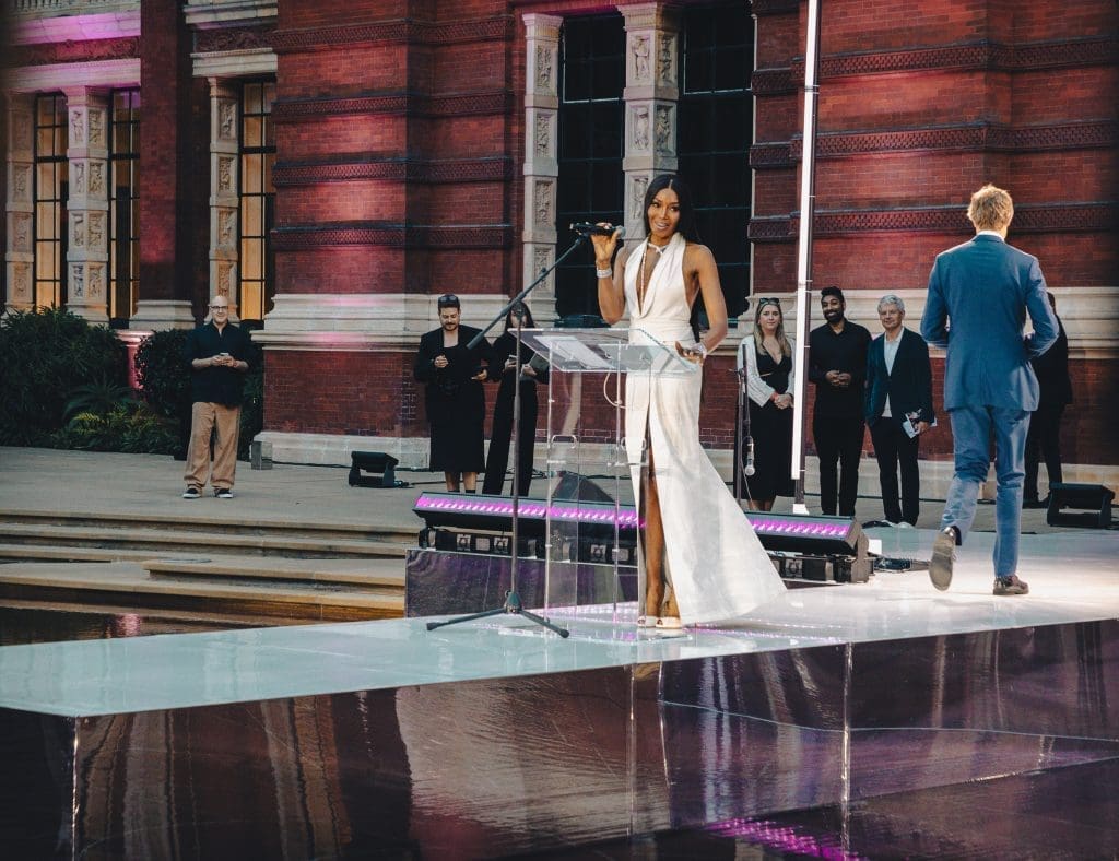 Naomi in Fashion at the Victoria & Albert Museum , V&A Summer Party with creative event design, scenic construction and event production (audio and lighting) by EC Event Concept based in London and New York.